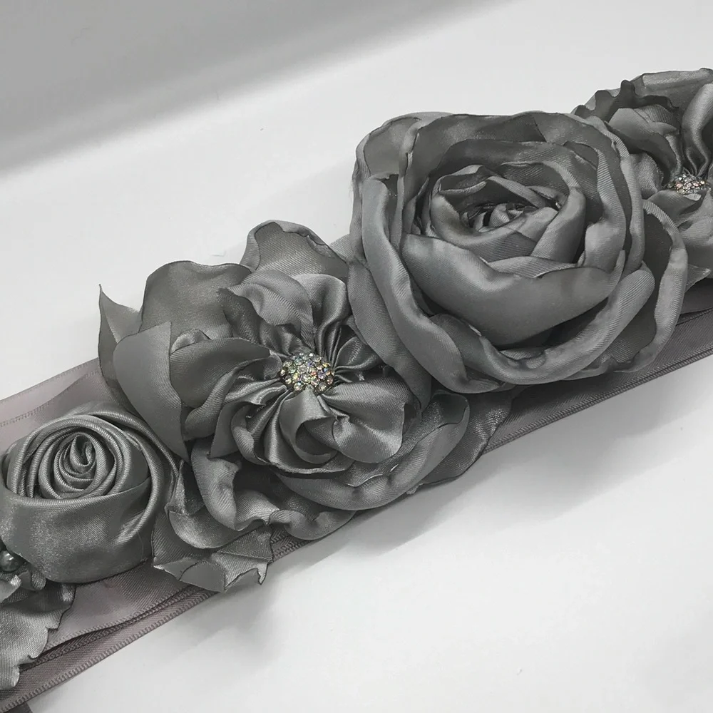 Handmade Couture Silver Satin Floral Bridal Sash Belt | Wedding • Maternity